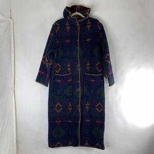 Vintage Woolrich Southwest Aztec Wool Blanket‎ Long Hooded Coat Jacket M Navajo